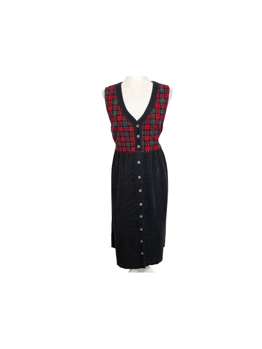 Vintage 90s Plaid‎ Corduroy Button-Front Sleeveless Dress Size Large